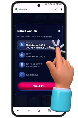 Bonusauswahl bei der Registrierung auf der Viper win-Website