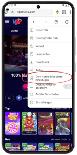 ViperWin Casino App Klicken Sie auf Zum Startbildschirm senden
